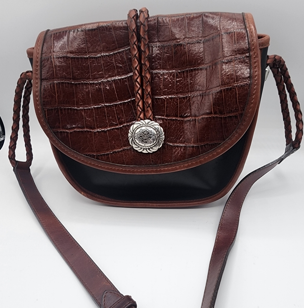 Vintage Brighton Croc Embosssed Leather Brown & Black Crossbody